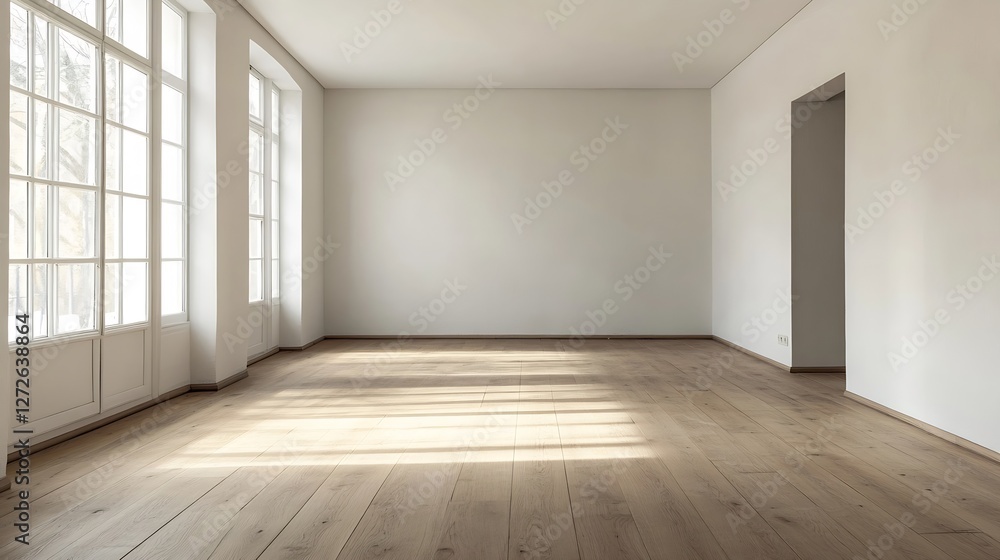 Poster Bright and Spacious Empty Room with Large Windows and Wooden Flooring : Generative AI