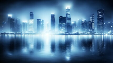 Night Cityscape Reflection: Modern Metropolis Illuminating Water