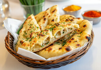 Freshly Baked Naan Breads in a Basket with Herbs