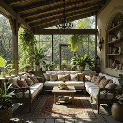 Fototapeta premium cozy sunroom with wooden furniture and lush green plants creates serene atmosphere. space is filled with natural light, highlighting patterned rug and decorative pillows