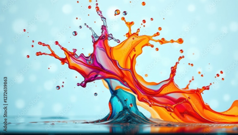Poster a vibrant splash of colorful liquid creates an artistic display against a soft background, embodying