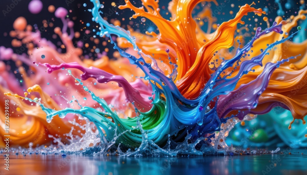 Poster a vibrant splash of colorful paint swirls and water droplets, creating an energetic and dynamic visu