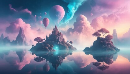 A surreal landscape showcases floating islands, mystical castles, and vibrant balloons under a colorful sky, reflecting beautifully on calm waters.