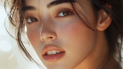 A dreamy, soft-focus close-up of an Asian model’s perfect matte complexion, delicate brush strokes blending foundation seamlessly, golden-hour glow enhancing her natural beauty,