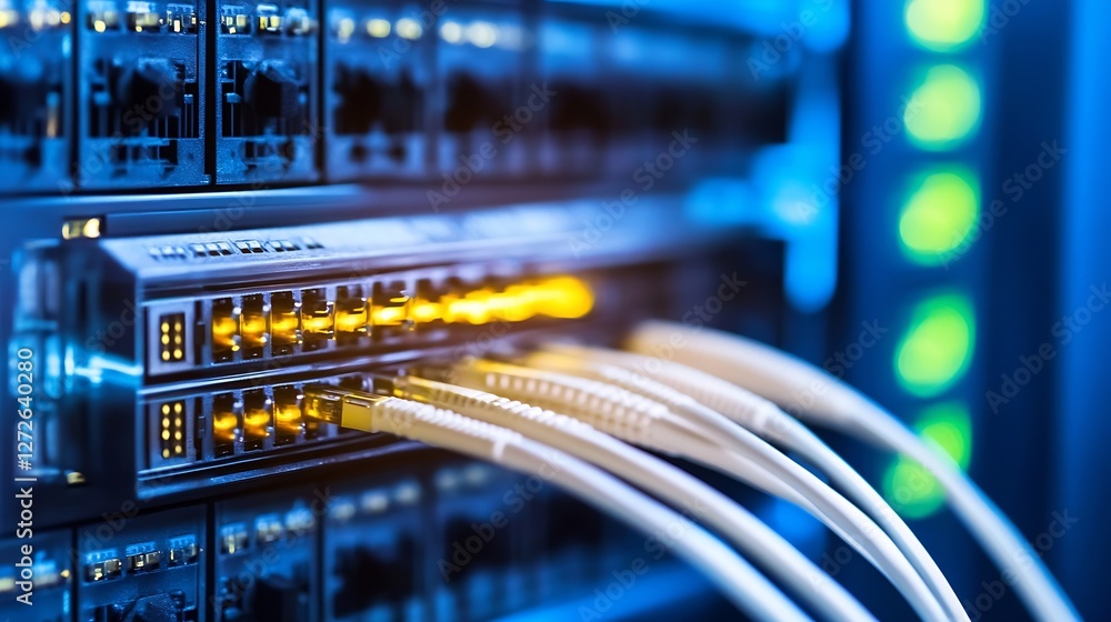Poster Network Server with Bright Cables and High-tech Equipment in Data Center : Generative AI