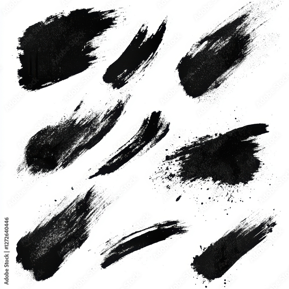 Poster abstract black paint brush strokes on white canvas with varied textures and patterns
