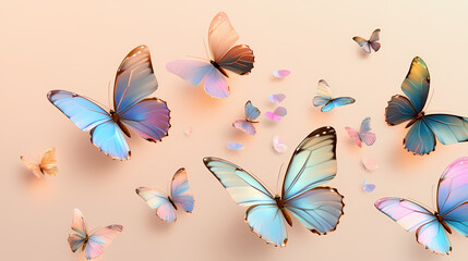 Metallic butterflies in mid-flight on a light beige background. Magical Iridescent Butterflies. Illustration