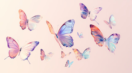 Metallic butterflies in mid-flight on a light beige background. Magical Iridescent Butterflies. Illustration