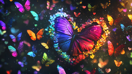 Rainbow butterflies: a mesmerizing array of vibrant, glowing butterflies in a heart shape flutter amidst a dark background sprinkled with sparkling hearts. Magical Iridescent Butterflies. Illustration
