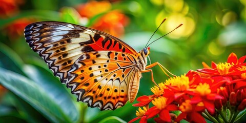 Obraz premium India's vibrant forest: a Leopard Lacewing (Cethosia cyane) delicately sips nectar from a red and yellow bloom.