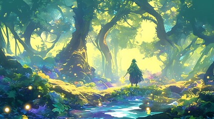 Stylized magical forest with soft morning light, A young wizard in a flowing robe stands on the bank of a sparkling river, colorful anime style