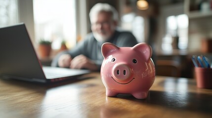 Financial Planning and Investment Strategy with a Piggy Bank in Focus, Businessman Working at Home Office, Marketing and Economic Insights