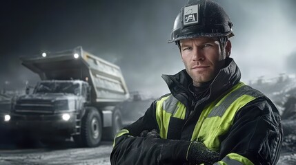 Confident Miner Stands Near Large Mining Truck