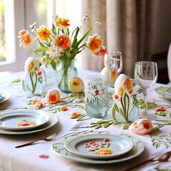 Fototapeta premium an AI Image Generator, Elegant Easter Table Setting with Yellow Tulips and Painted Eggs