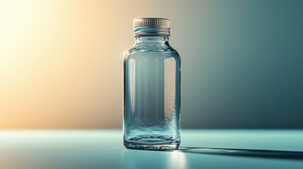 Bottle of water placed on a wooden table in a well-lit indoor setting with a clean background