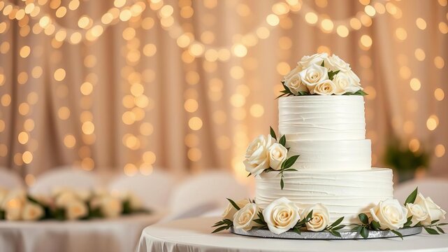 Elegant three tier wedding cake with white roses on softly lit background perfect for celebrations, marriage, event, dessert