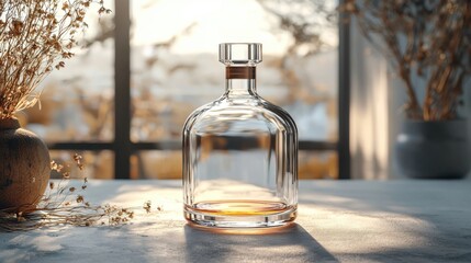 Bottle of whiskey on a wooden table with glass and ice cubes in a cozy setting