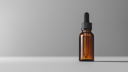 Bottle of essential oil with dropper on grey background for aromatherapy and wellness purposes