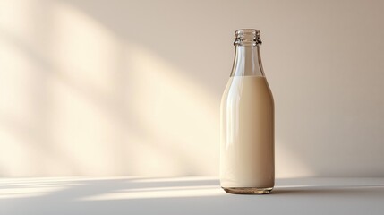 Bottle of fresh milk placed on a wooden table in a bright kitchen setting with natural light