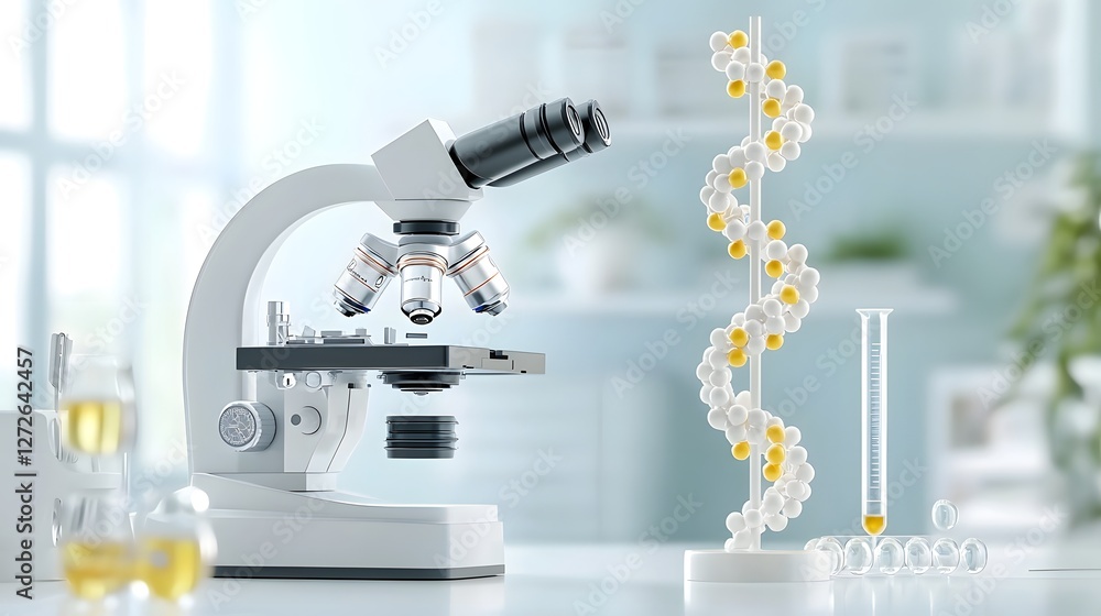 Poster 3D rendering of an atomic force microscope closely scanning and analyzing the intricate structure of a DNA molecule in a laboratory or research setting