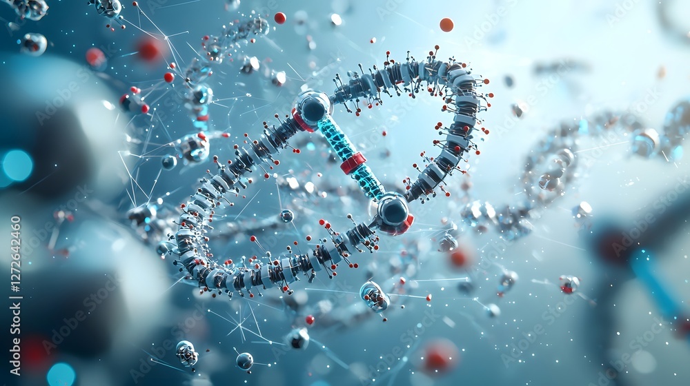 Poster 3D render showcasing an atomic force microscope meticulously scanning and analyzing the intricate structure of a DNA molecule