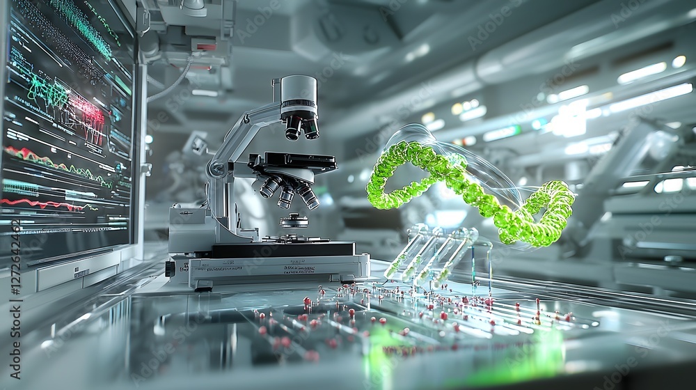 Aufkleber 3D rendered image of an advanced atomic force microscope closely examining and scanning the intricate structure of a DNA molecule in a high tech laboratory setting