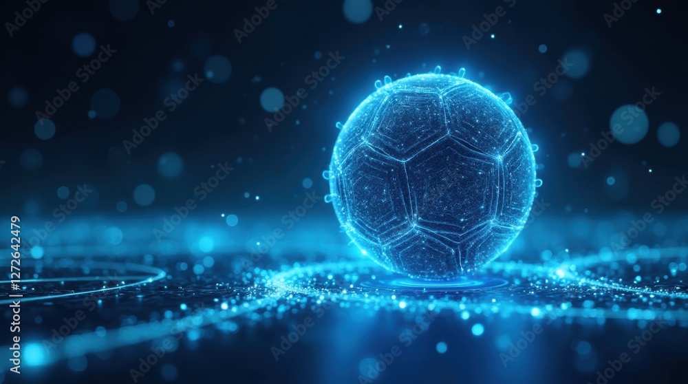 Poster a glowing soccer ball made of particles floats in a dark background, creating a futuristic and dynam