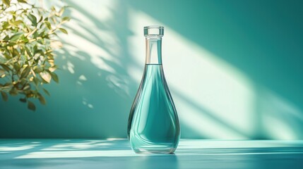 Bottle of perfume on a wooden table with soft natural light illuminating the scene