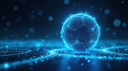 A glowing soccer ball made of particles floats in a dark background, creating a futuristic and dynamic visual.