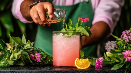 Refreshing Pink Cocktail Garnished with Orange Slice and Mint, Surrounded by Fresh Florals