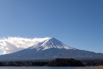 A breathtaking view of Mount Fuji, standing majestically above serene landscapes, with its iconic snow-capped peak and ever-changing seasonal beauty.