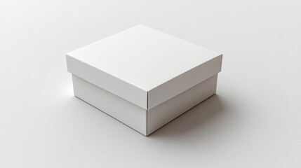 White box with a lid placed on a clean white surface for packaging or storage purposes