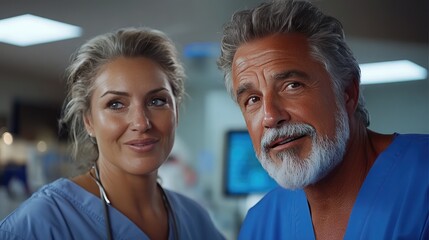 Obraz premium Smiling Medical Professionals in Blue Scrubs at Modern Hospital Setting