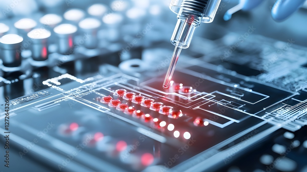 Aufkleber close up macro photograph showcasing a microfluidic chip used for dna analysis with its intricate el