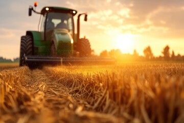 Obraz premium Modern Tractor Harvesting Wheat at Sunset in Vibrant Rural Landscape