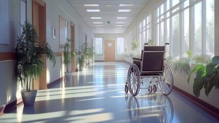 Serene Hospital Corridor with Natural Light and Wheelchair by Window