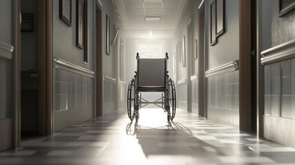 Empty wheelchair in a hospital corridor with soft lighting