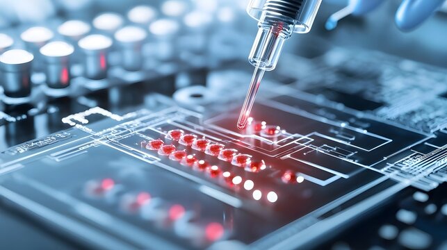 Close up macro photograph showcasing a microfluidic chip used for DNA analysis with its intricate electronic circuit board design metallic blue tones and precise high tech features