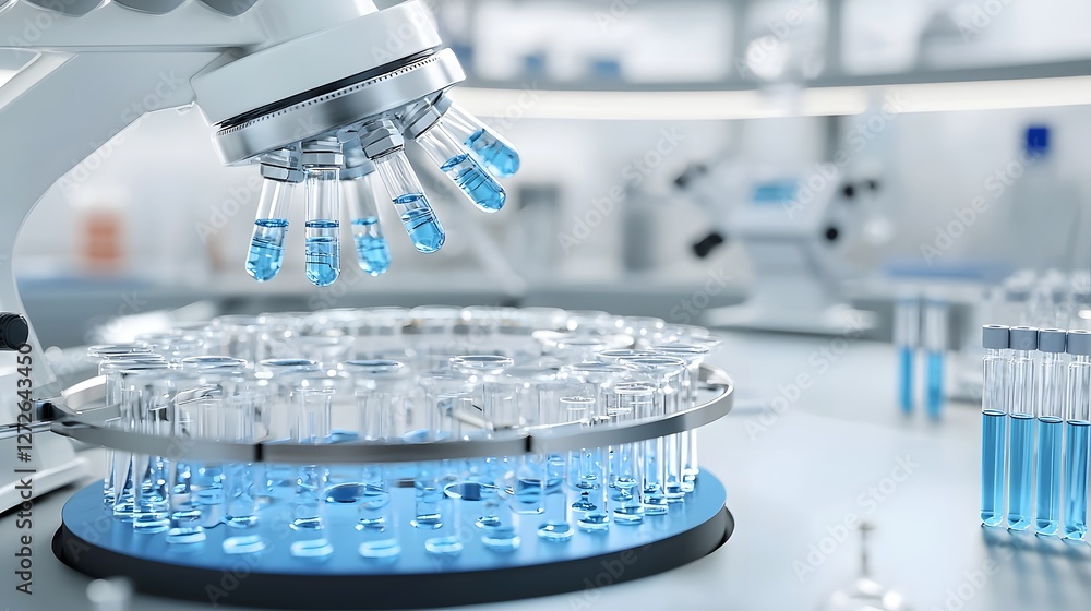Poster close up view of a centrifuge machine spinning microtubes filled with dna samples for scientific ana