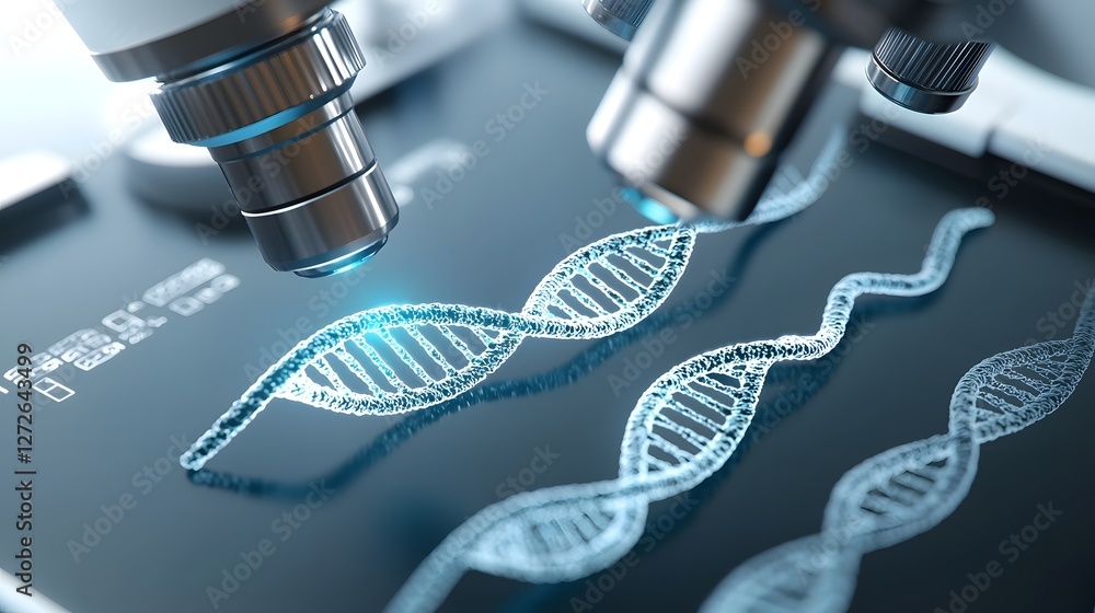 Poster Close up view of a DNA microarray slide being examined under a fluorescence microscope showcasing the intricate patterns and data visualization of genetic analysis and biotechnology research