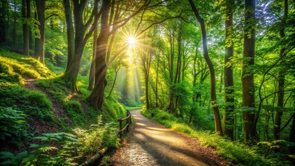 Sunlit Forest Path: Lush Canopy, Green Nature Trail, Sunlight Through Trees