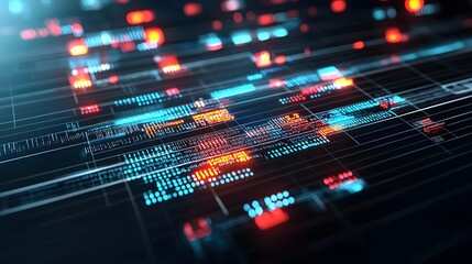 Close up perspective of a DNA microarray slide observed under a fluorescence microscope revealing a vibrant and intricate pattern of molecular data and genetic information