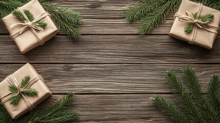 Rustic Christmas Gift Background: Wooden Texture with Presents and Pine Branches