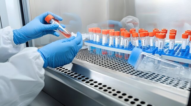 Close up view of hands wearing sterile gloves carefully handling PCR tubes inside a biosafety cabinet in a medical research laboratory setting