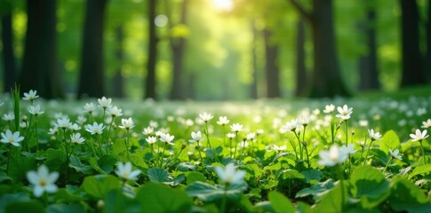 A carpet of white flowers in a forest clearing, flowers, blooming