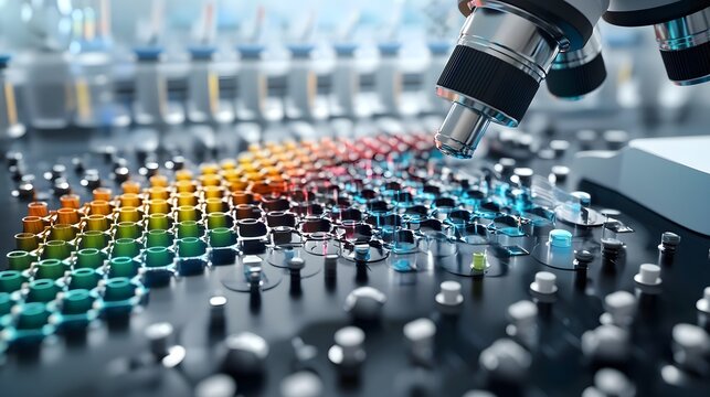 Detailed Close up View of a DNA Microarray Slide Being Examined Under a Fluorescence Microscope in a Scientific Research Laboratory