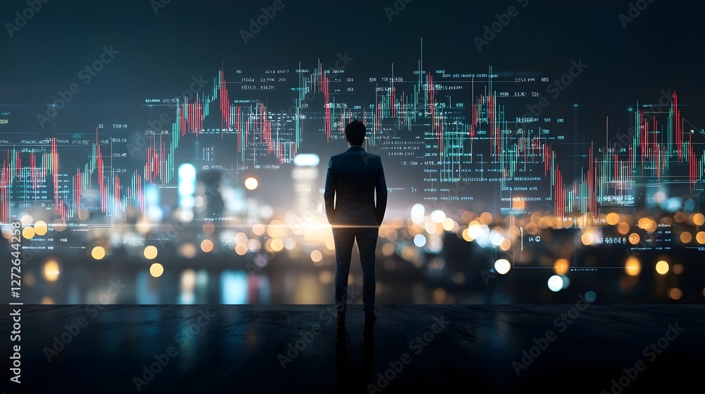 Poster dramatic silhouette of a businessman looking out over a vibrant cityscape at night with a complex fi