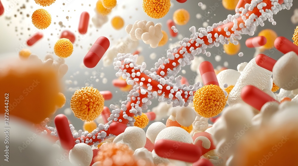 Poster Electron Microscope Imaging of Vibrant DNA Strands at Molecular Level  Colorful abstract pattern of genetic material under scientific examination and analysis