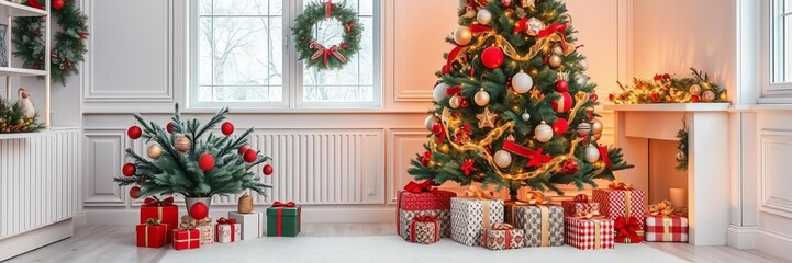 Decorated Christmas tree with assorted gift boxes surrounded by a white room, tree, seasonal, christmas