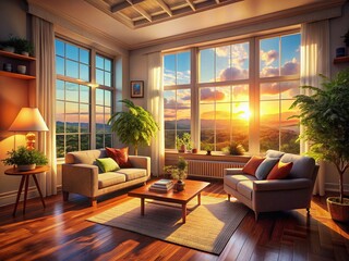 Fototapeta premium Sunlit Room with Large Window, Cozy Interior, Aerial View, Bright Sunlight, Home Interior Design